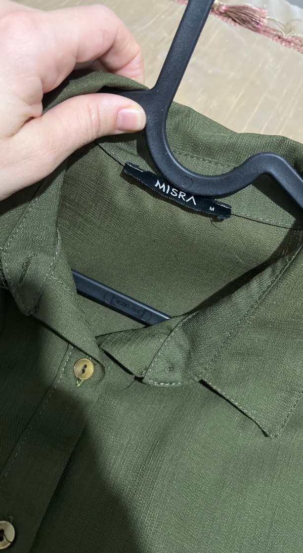 Uzun Kollu Khaki Keten Elbise - Görsel 3