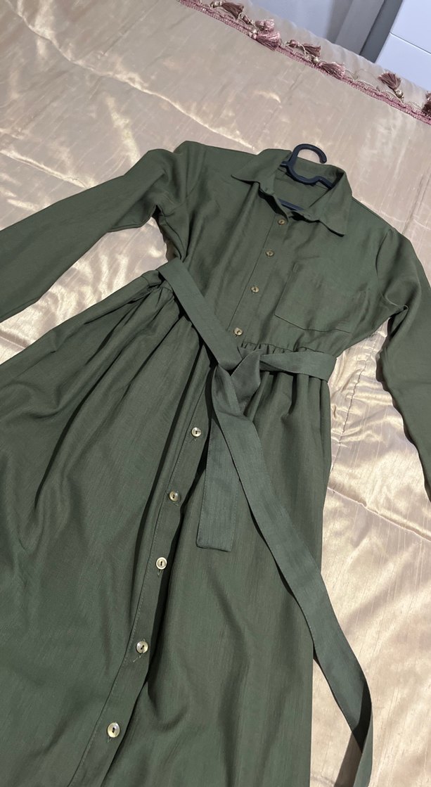 Uzun Kollu Khaki Keten Elbise - Görsel 4