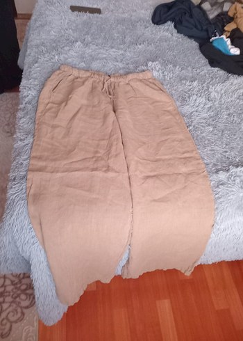 Bej Kadın Keten Bol Paça Pantolon