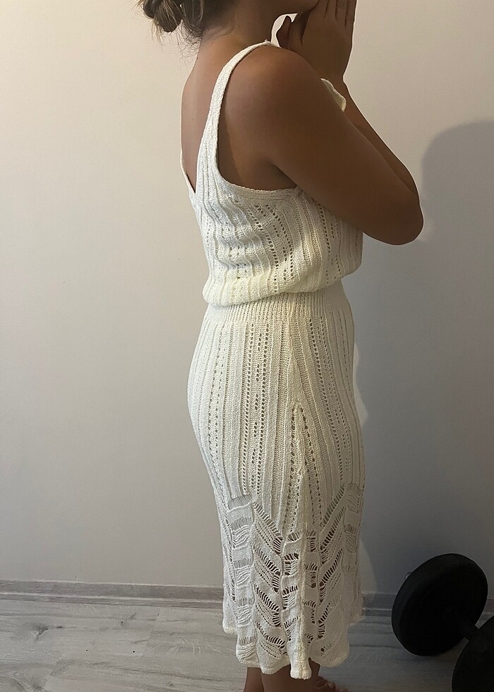 Beyaz triko elbise - Görsel 5