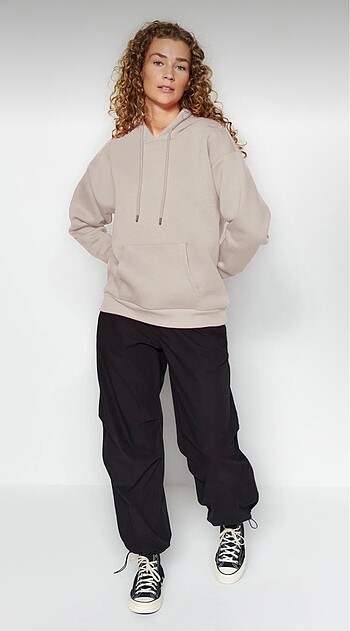 s Beden Bej rengi polarlı kadın sweatshirt
