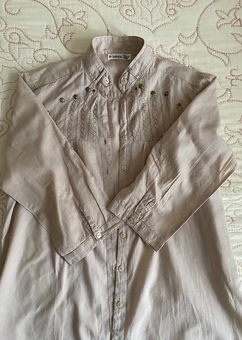 Düğmeli Bej Keten Midi Kadın Gömlek - Görsel 5