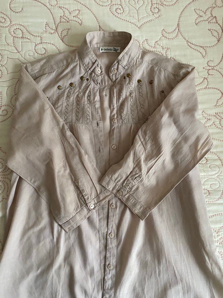 Düğmeli Bej Keten Midi Kadın Gömlek - Görsel 5