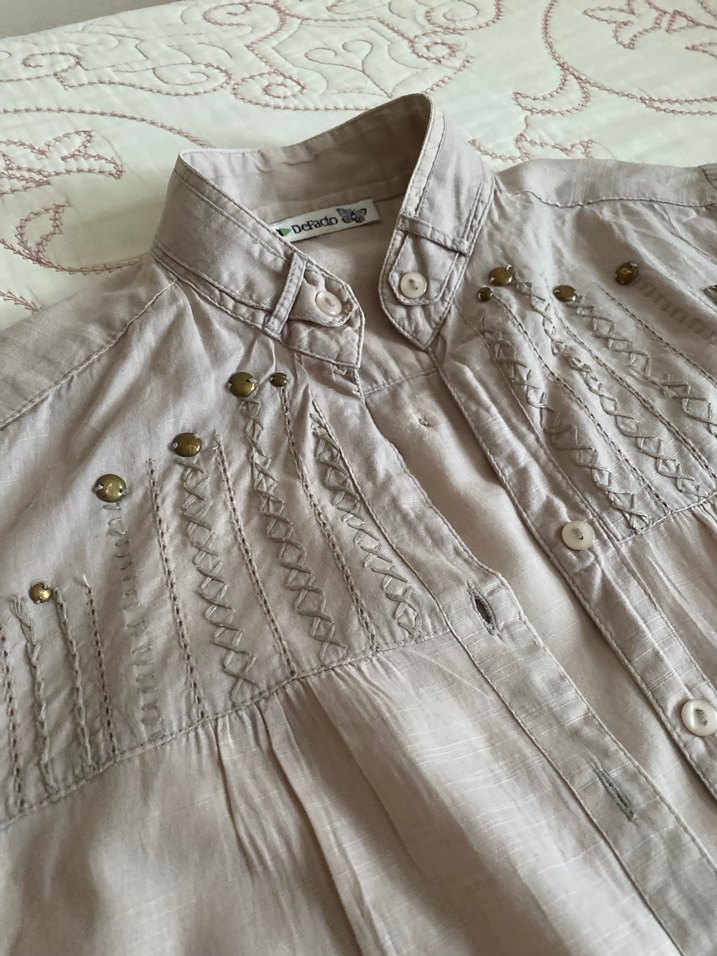 Düğmeli Bej Keten Midi Kadın Gömlek - Görsel 4