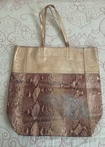Parlak Kahverengi Deri Yılan Desenli Kadın Çanta - Görsel 3