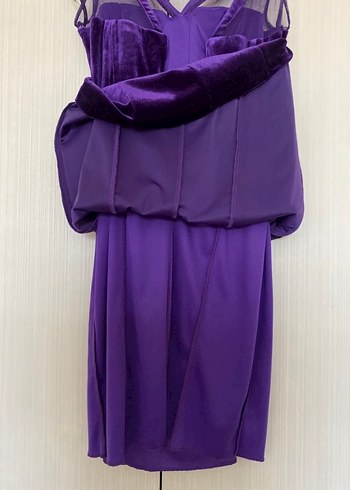 Mor V Yakalı Midi Kadife Kadın Abiye Elbise - Görsel 4