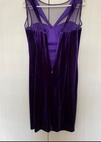 Mor V Yakalı Midi Kadife Kadın Abiye Elbise - Görsel 3