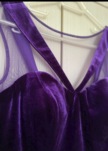 Mor V Yakalı Midi Kadife Kadın Abiye Elbise - Görsel 7