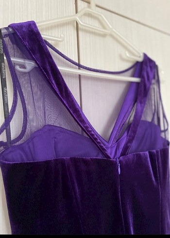 Mor V Yakalı Midi Kadife Kadın Abiye Elbise - Görsel 6