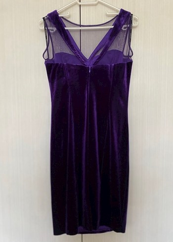 Mor V Yakalı Midi Kadife Kadın Abiye Elbise - Görsel 2