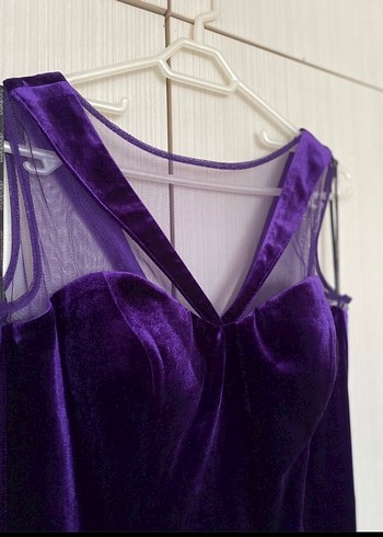 Mor V Yakalı Midi Kadife Kadın Abiye Elbise - Görsel 5