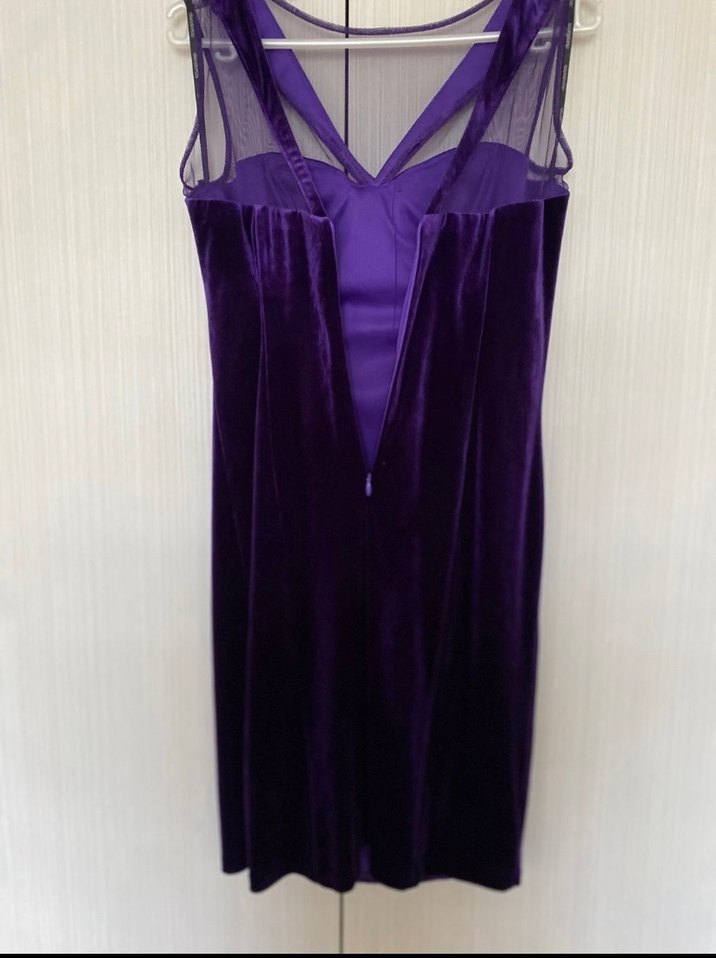 Mor V Yakalı Midi Kadife Kadın Abiye Elbise - Görsel 3