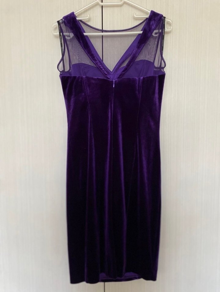 Mor V Yakalı Midi Kadife Kadın Abiye Elbise - Görsel 2