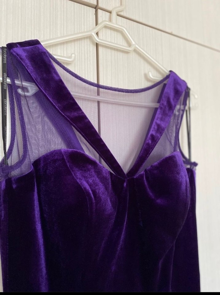 Mor V Yakalı Midi Kadife Kadın Abiye Elbise - Görsel 5