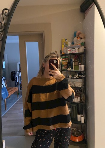 Kadın Kahverengi Siyah Çizgili Triko Kazak - Görsel 3