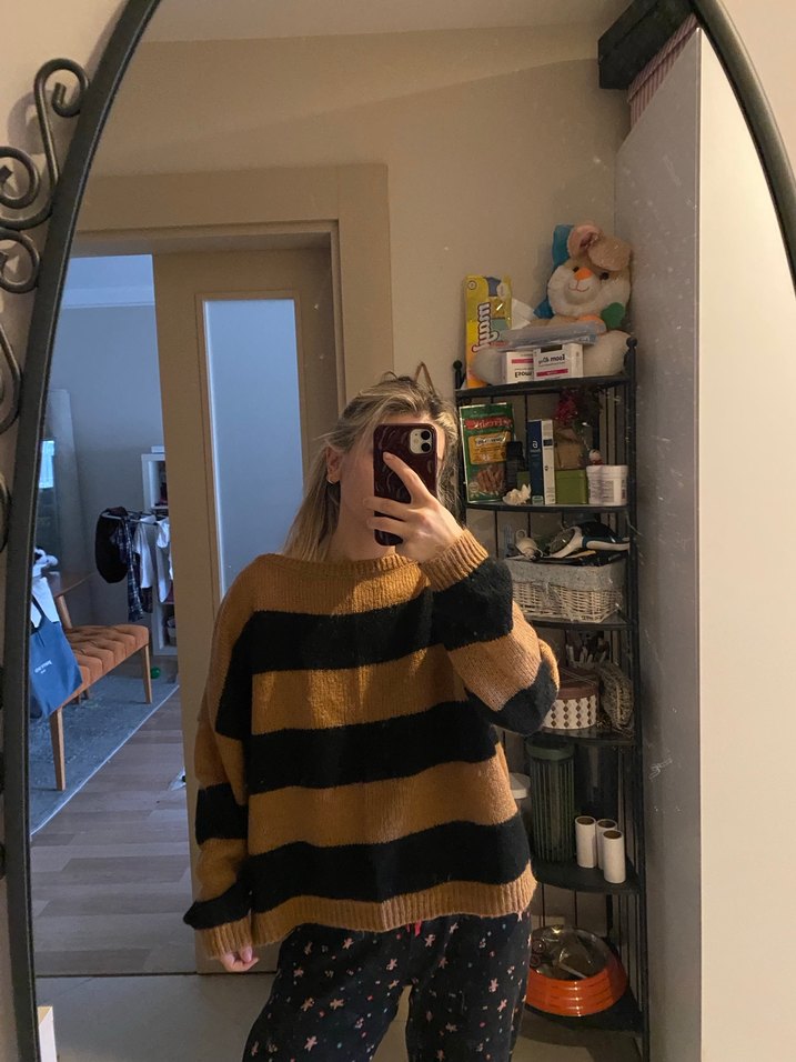 Kadın Kahverengi Siyah Çizgili Triko Kazak - Görsel 3