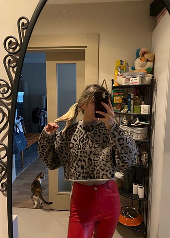 Gri Leopar Desenli Uzun Kollu Triko Kazak - Görsel 6