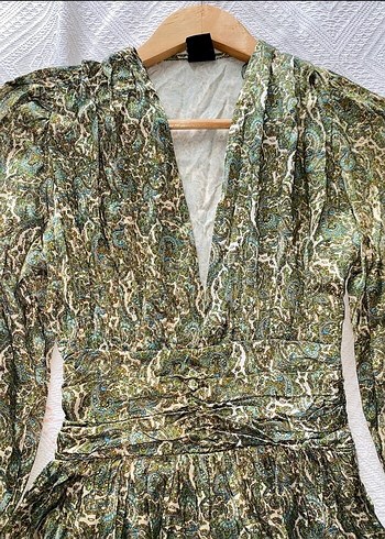 Yeşil Parlak V Yaka Uzun Kollu Mini Elbise - Görsel 4