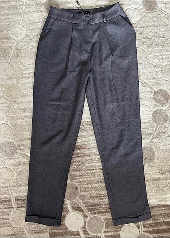 Düğmeli Gri Kadın Kumaş Pantolon - Görsel 3