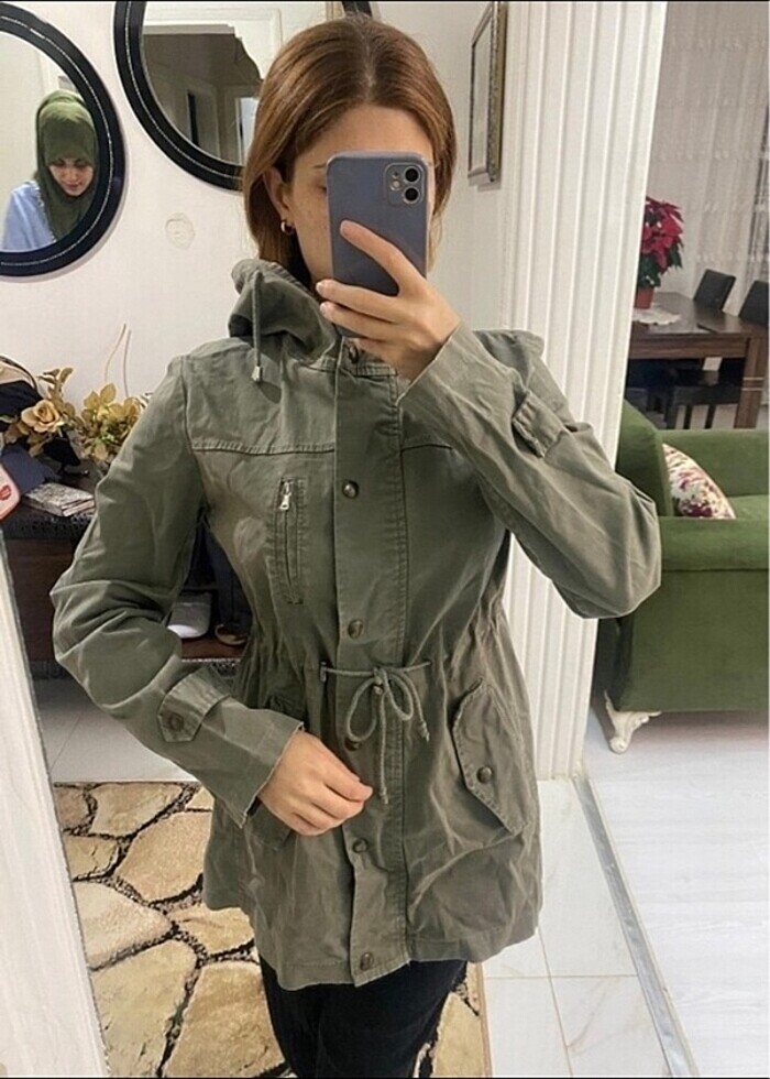 Kapüşonlu Beli Büzgülü Relax Fit Parka trençkot haki - Görsel 3