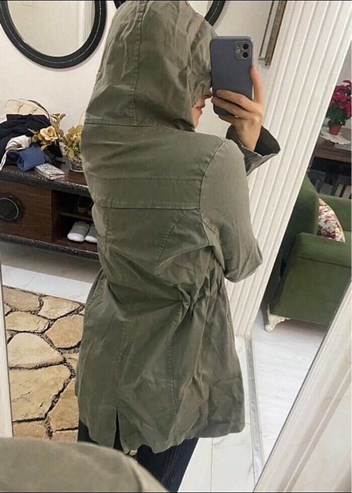 Kapüşonlu Beli Büzgülü Relax Fit Parka trençkot haki - Görsel 4