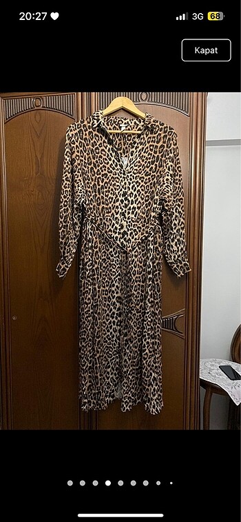 Leopar desenli oversize tesettür düğmeli gömlek elbise kuşaklı H