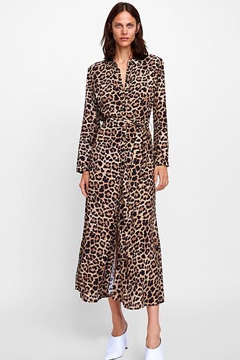 H&M Leopar balon kol tesettür oversize gömlek elbise kuşaklı H&M Zar