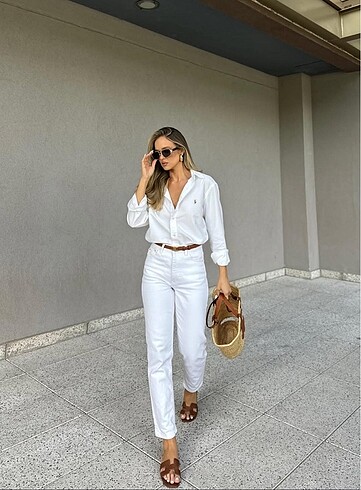 Beyaz mom jean fit düz paça straight model