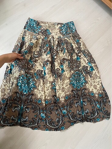 Etek vintage gotik retro işleme motifli çiçekli keten yazlık