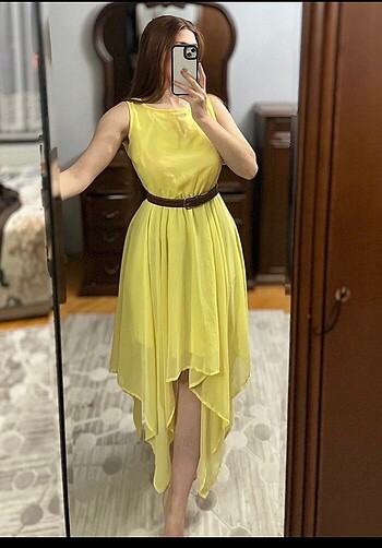 Sarı asimetrik uzun elbise pareo tül