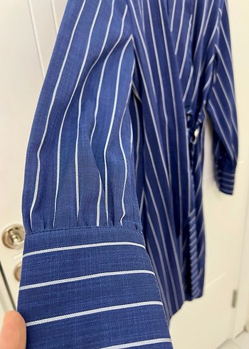 Çizgili Kemerli Uzun Kollu Mavi Tunik-Elbise - Görsel 2