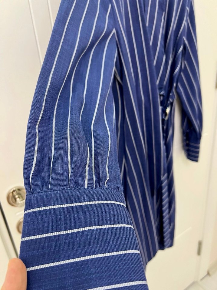 Çizgili Kemerli Uzun Kollu Mavi Tunik-Elbise - Görsel 2