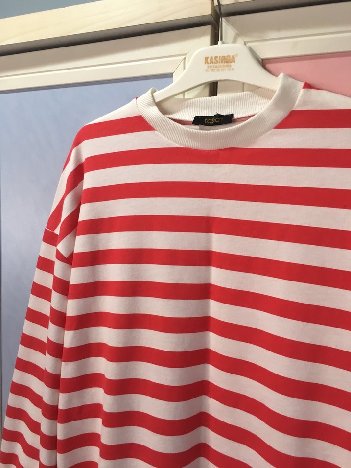 Kırmızı Çizgili Balon Kollu Sweatshirt - Görsel 4