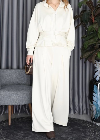 Beyaz Kemerli Uzun Kadın Takım Elbise - Görsel 6