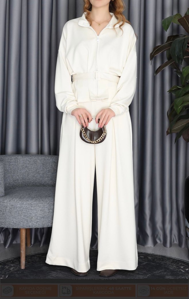 Beyaz Kemerli Uzun Kadın Takım Elbise - Görsel 5