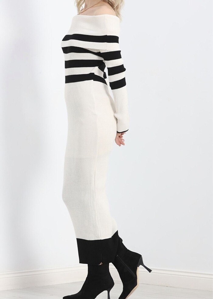 Triko elbise krem siyah - Görsel 3