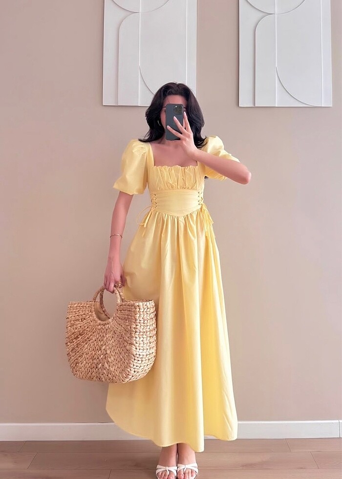 Sarı kuşgözü kemerli elbise - Görsel 2