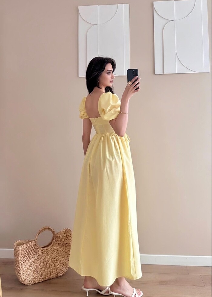 Sarı kuşgözü kemerli elbise - Görsel 4