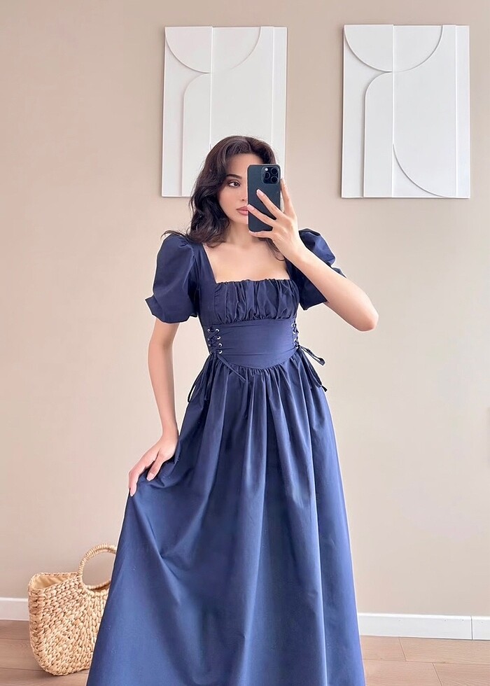 Lacivert kuş gözü kemerli elbise - Görsel 2