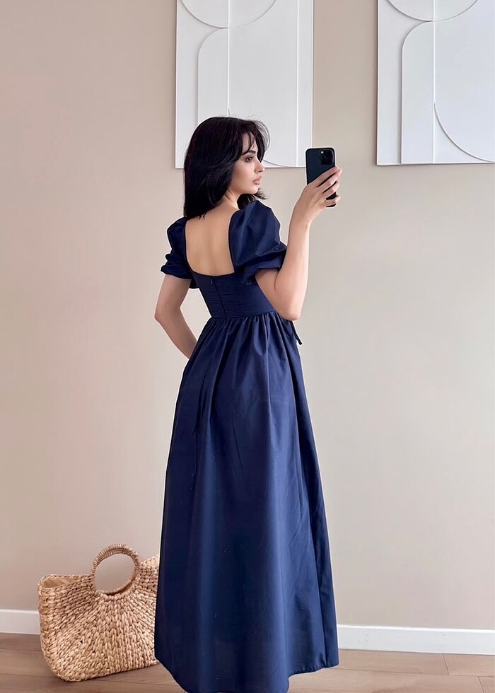 Lacivert kuş gözü kemerli elbise - Görsel 3