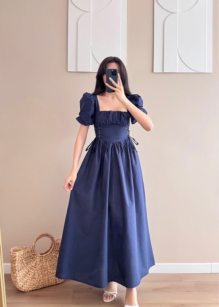 Lacivert kuş gözü kemerli elbise - Görsel 4