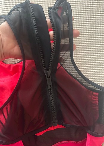 Fermuarlı Pembe İnce Askılı Kadın Mayo - Görsel 4