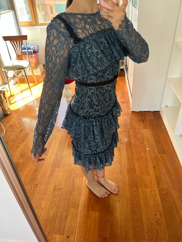 Lacivert Dantel Fırfırlı Midi Elbise - Görsel 2