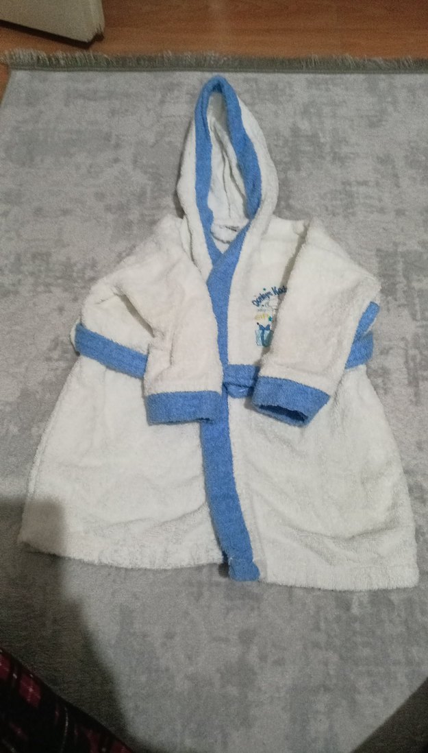 Kapüşonlu Erkek Çocuk Bornoz mavi-Beyaz - Görsel 4