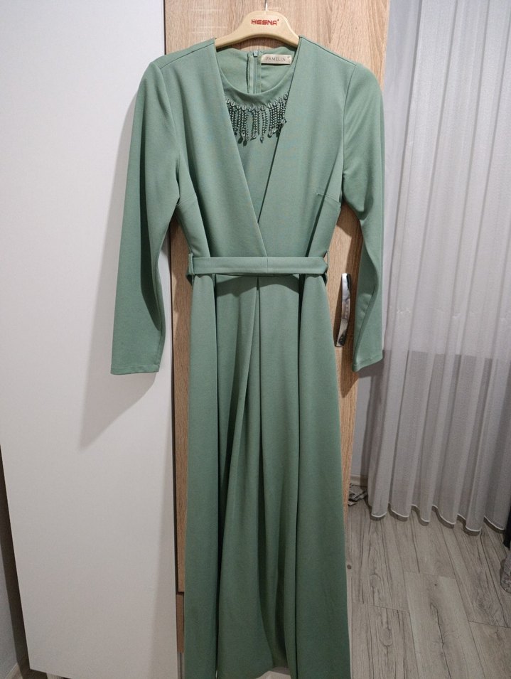 Uzun Kollu Yeşil Kadın Elbise - Görsel 5