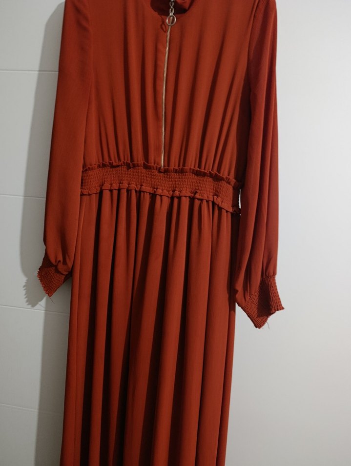 Kadın Kahverengi Pilili Uzun Kollu Elbise - Görsel 4