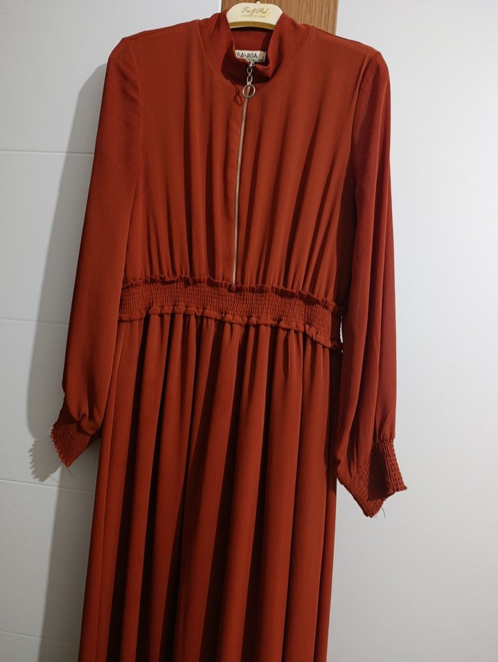 Kadın Kahverengi Pilili Uzun Kollu Elbise - Görsel 5