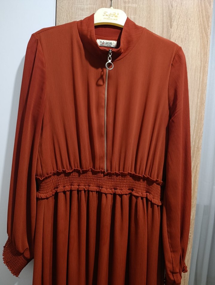 Kadın Kahverengi Pilili Uzun Kollu Elbise - Görsel 2