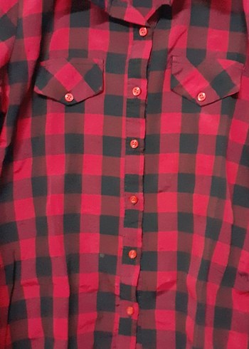 Düğmeli Kırmızı Kareli  oduncu Kadın Gömlek - Görsel 2