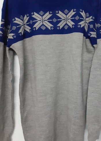 Gri Mavi Desenli Kadın Triko Kazak - Görsel 5
